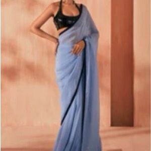 Dusty Blue and Black Embroidered Saree